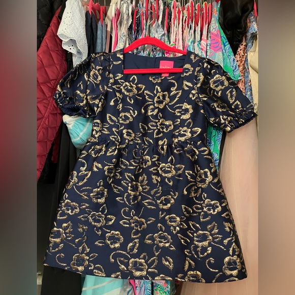 lilly pulitzer navy blue and gold dress Lilly Pulitzer NWT Valli Shift Dress, Navy/Gold Womens Size main image 0